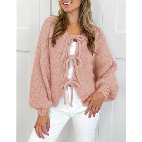 Women's Tie Front Bow Cardigan Sweaters Chunky Knit Long Puff - Picture 3 of 7